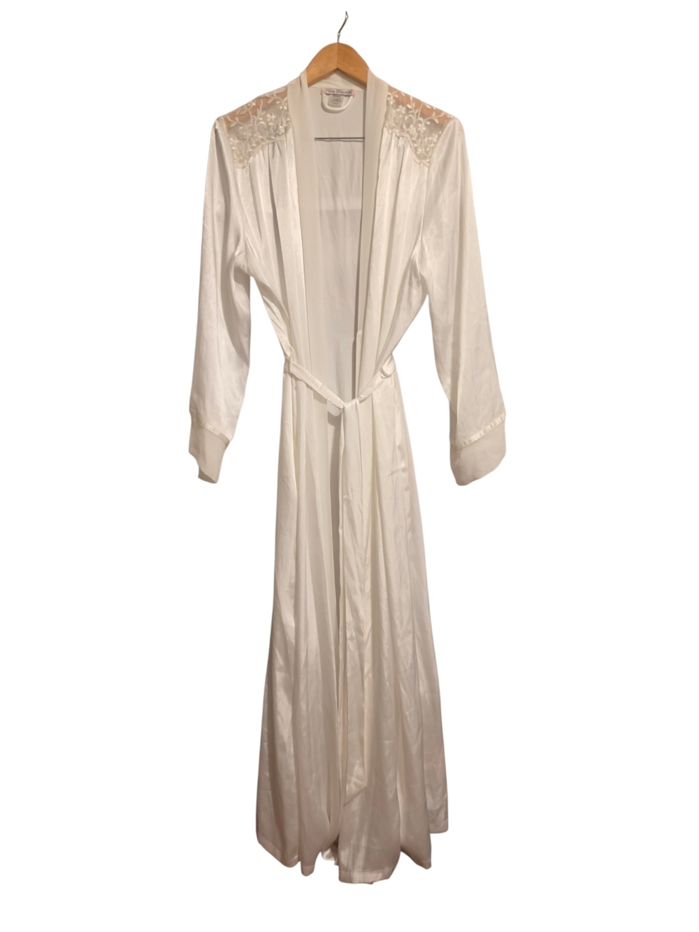 Linea Donatella White Long Satin Robe with Lace Shoulders